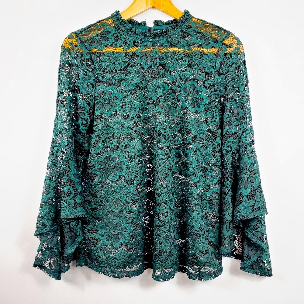 Dark Green Lace Top Womens S Sheer Long Sleeve Bell Sleeve Ruffle Whimsical Goth
